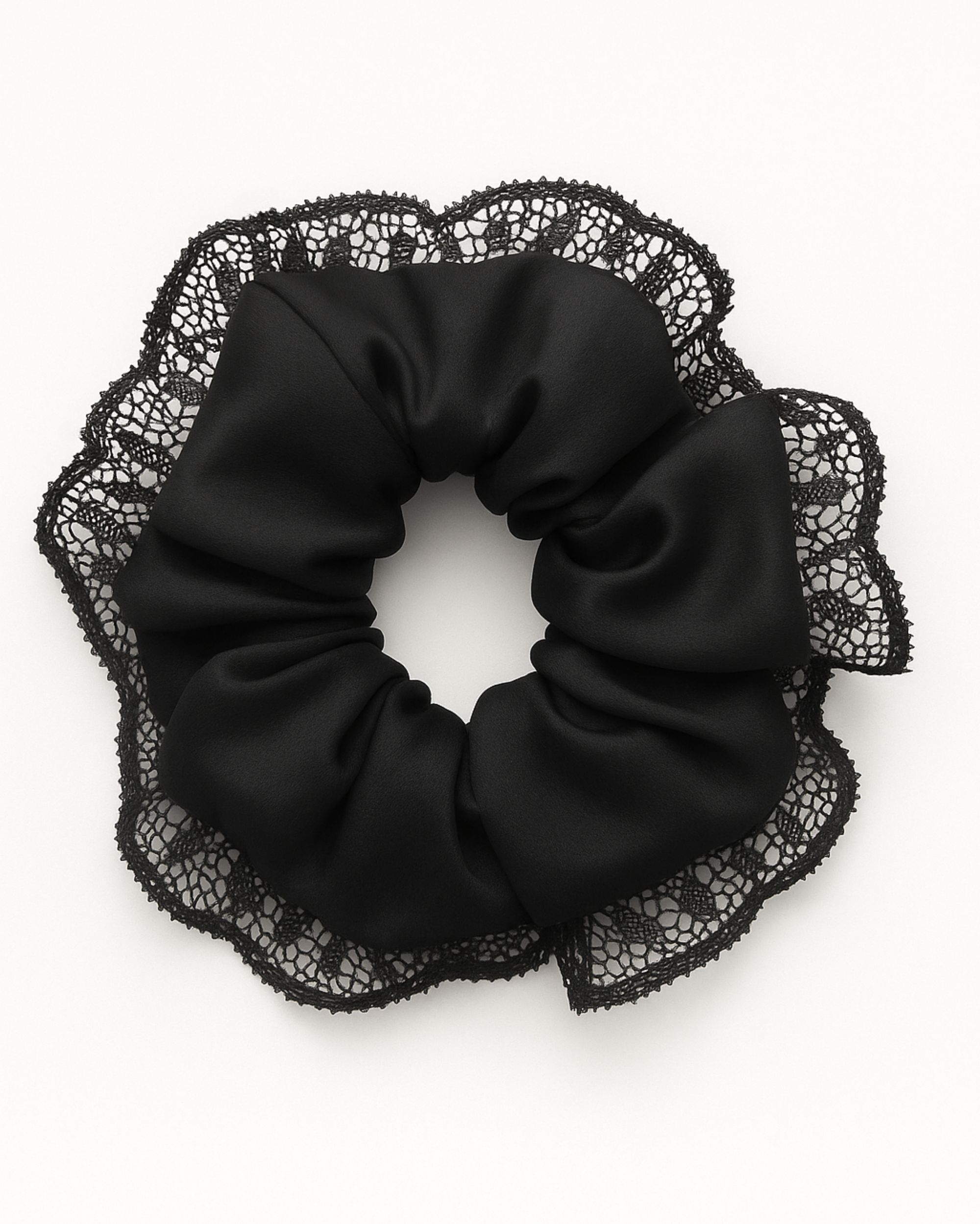 Jedwabna gumka do włosów z koronką - czarna