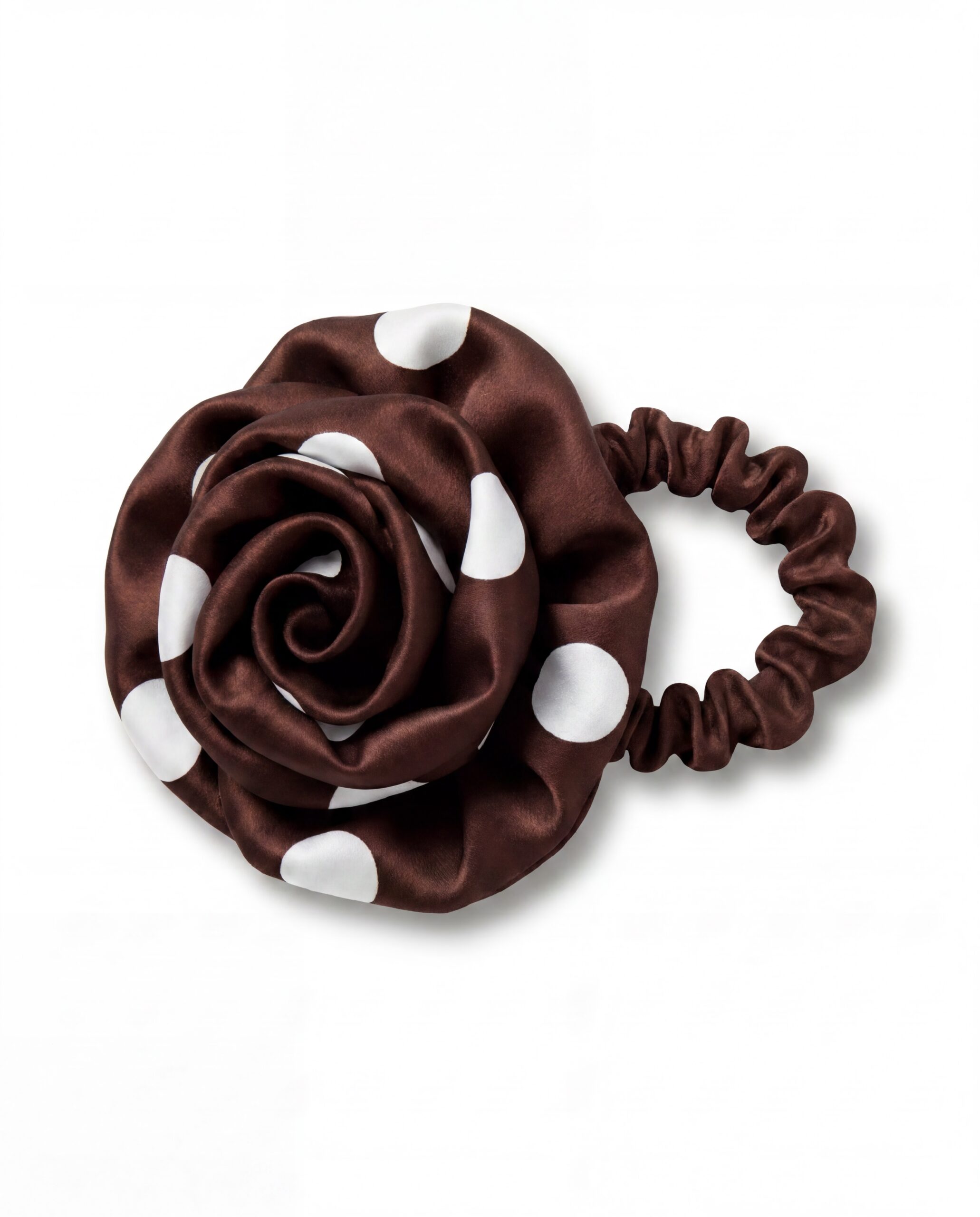 Jedwabna gumka z różą - polka chocolate